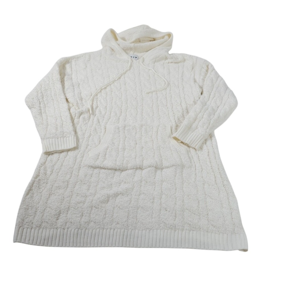 KIKIT Pullover Hoodie Women Large White Cable Knit Boucle Tunic Long Sleeve Cozy